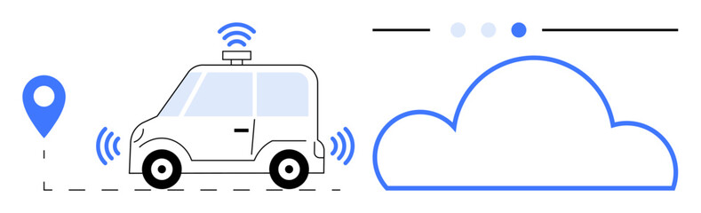 Self-driving car with GPS pin, wireless signals, and cloud connection representing technology, mobility, and innovation. Ideal for AI, smart cities, IoT, automation connectivity mobility simple
