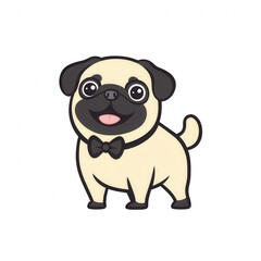 Obraz premium A cute cartoon pug dog wearing a bow tie, with a joyful expression, on a white isolated background.