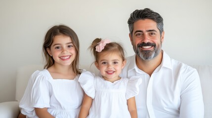 Fototapeta premium Happy family portrait. Smiling father and two daughters