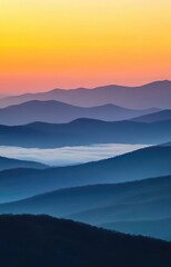 Obraz premium Sunrise over the sea of clouds, rolling mountains , golden sky, distant sun setting behind the horizon