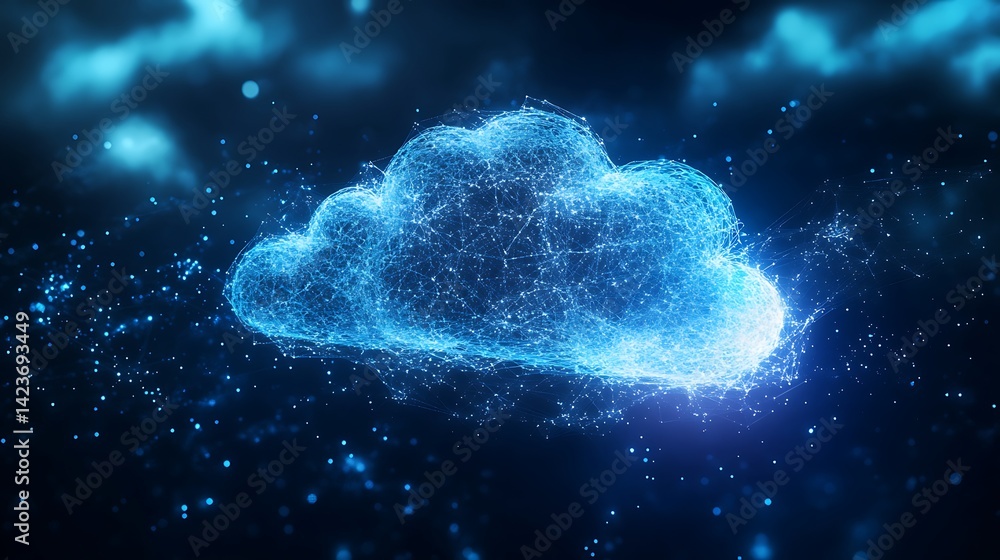Poster digital cloud computing concept with glowing network connections and data