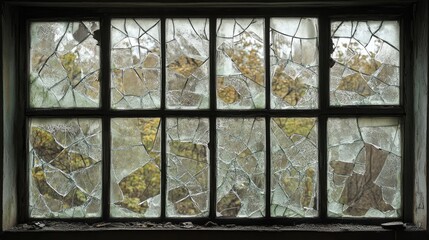 An Abandoned Window with Shattered Glass Reflecting Autumn Light and Overgrown Nature