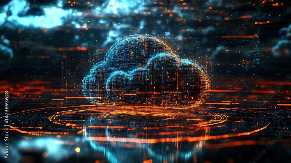 Poster digital cloud computing illustration representing data technology and network connection