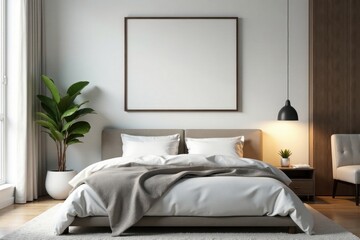 Modern bedroom, picture frame mockup above bed , cozy, white, house