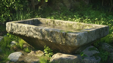 Ancient Stone Basin Surrounded by Lush Greenery and Sunlit Grass with a Calm Water Reflection