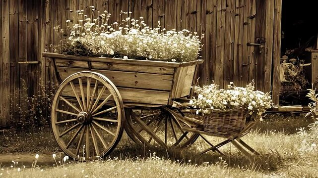 Wooden Cart with Flowers by Old Barn