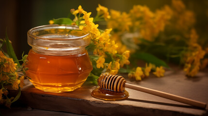 Honey in a jar on the table.