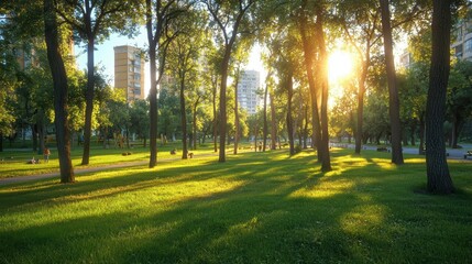 Obraz premium Serene sunset park scene, city skyline glimpse.