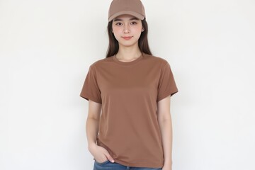 Young Asian woman in brown t-shirt and cap against white background.