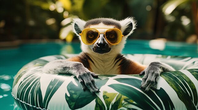 A lemur in a jungle-leaf patterned float, wearing yellow aviator sunglasses, exotic pool with.