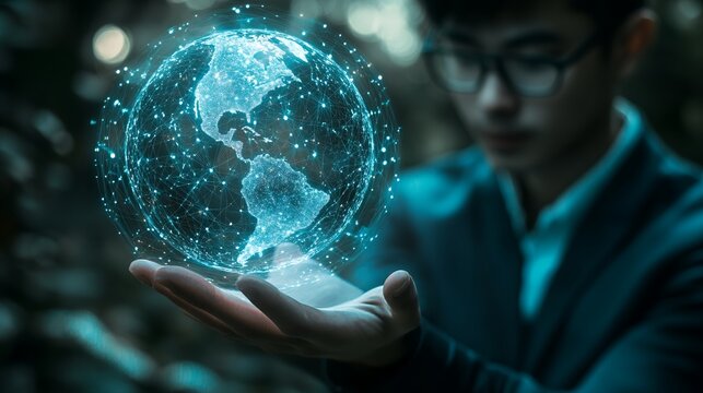Holding Digital Globe Person Connecting Global Network Technology Innovation Concept