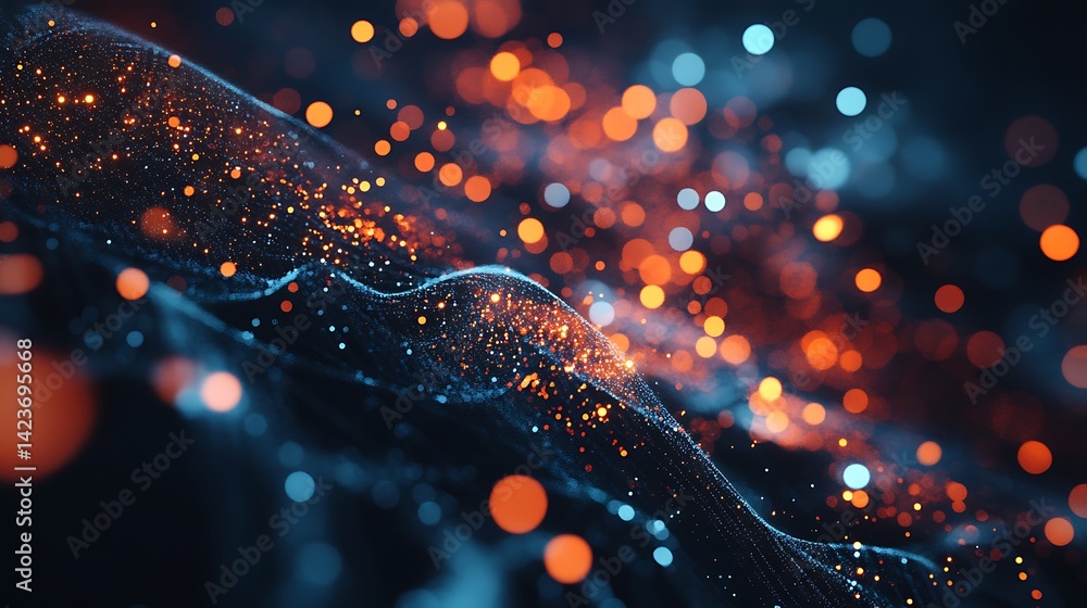 Poster abstract data stream visualization with glowing particles and flowing network