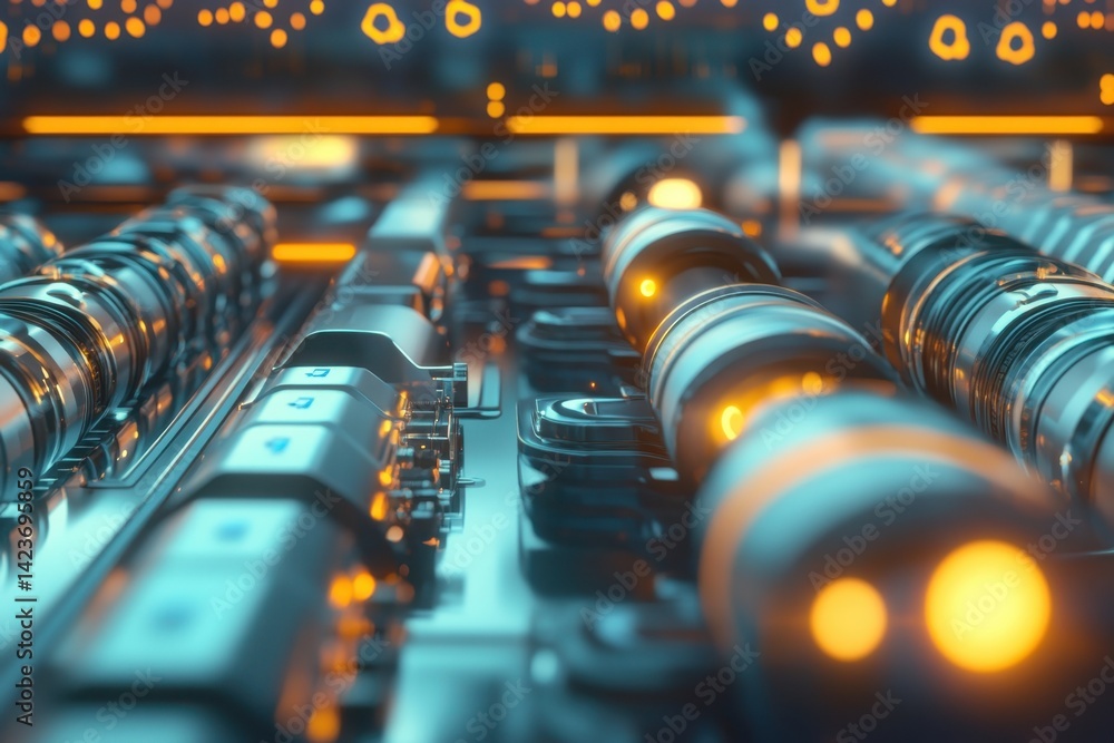 Poster close view of intricate electronic components with glowing elements in a futuristic setting