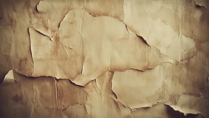 Aged, weathered, and cracked paper texture.  Detailed view of a  surface with many layers of torn, creased, and stained paper