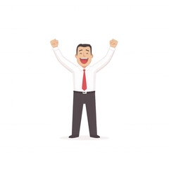 Fototapeta premium A joyful business professional celebrating success with raised arms. The character portrays enthusiasm and positivity, ideal for themes of motivation and achievement.