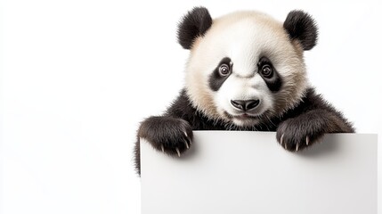 Fototapeta premium A panda holding a product sign with room for business text on the side,.