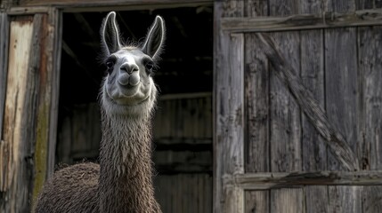 Naklejka premium A llama in front of a barn door with banner space,.