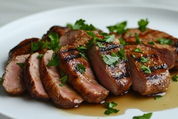 grilled duck breast, beautifully garnished with parsley and drizzled with sauce, resting on a white plate for an elegant dining experience