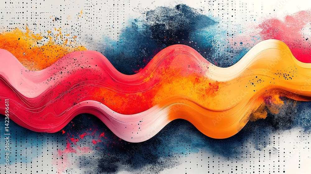 Poster abstract colorful wavy lines with splatter and dot pattern backg