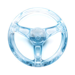 A translucent icy blue steering wheel, a symbol of futuristic driving, showcasing innovative design and transparent materials against a bright white backdrop.