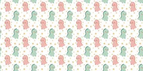 Seamless kawaii dinosaur pattern – pastel pink and green baby dinosaurs with stars on transparent background, perfect for kids’ fabrics, nursery decor, and cute stationery designs. PNG
