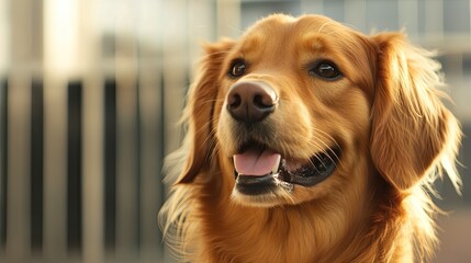 A golden retriever in an office setting, computer blank screen for text,.