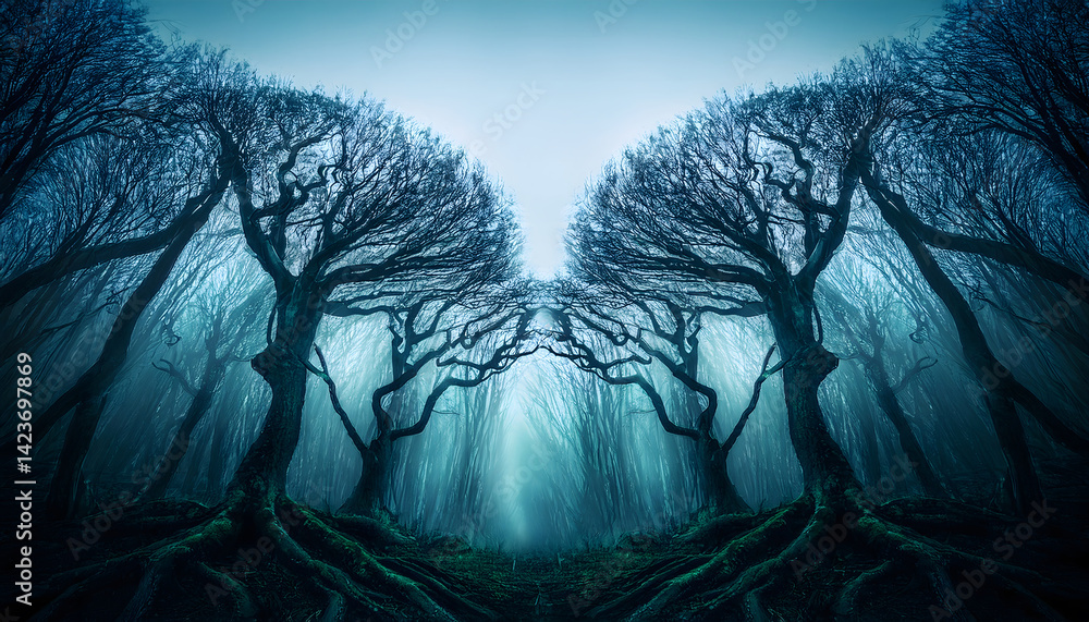 Poster Mysterious forest with twisted trees and ethereal lighting