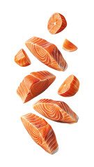 Fototapeta premium Fresh Raw Salmon Fillets Falling in Space, A Delightful Culinary Display