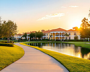 Obraz premium Sunset view of upscale residential community with walking path and pond