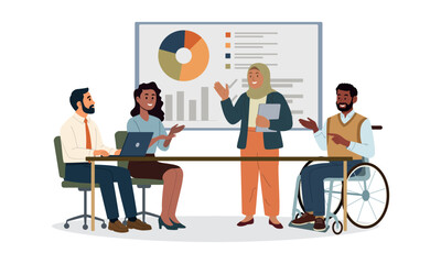 Business Presentation. A group of diverse people leading a presentation at a table near a board. Vector cartoon illustration in a flat style. Isolated on background