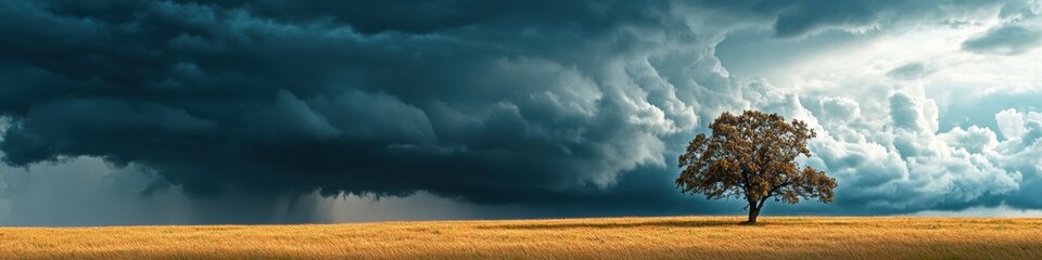 A dramatic storm approaches a lone tree in an open field. The dark clouds contrast with the bright sky, creating an engaging composition with ample space for text.