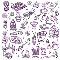 set of curly purple magic items for witch in doodle style. variety of magical items. Iridescent color. Suitable for fantasy projects, books, games, artwork related to magic, alchemy, mystical rituals
