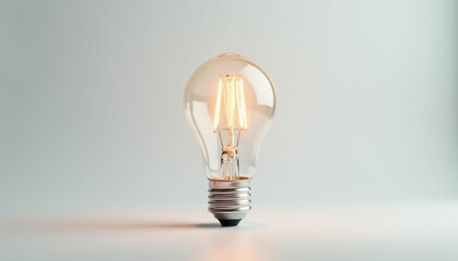 Floating lightbulb filament, clean white backdrop, glow, bulb, invention