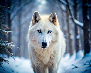 Obraz premium Majestic White Wolf with Intense Blue Eyes Walking Along a Dark Forest Path in Winter
