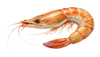 Detailed watercolor painting of a fresh, orange and white shrimp on white