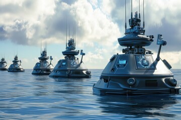 Advanced underwater drones navigate through calm ocean waters under a cloudy sky