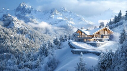 Fototapeta premium Luxury Chalet in Snowy Alpine Mountains: A Winter Wonderland Escape