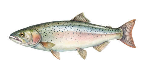 Watercolor painting of a beautiful Rainbow Trout swimming in clear water environment