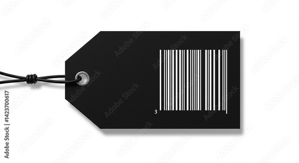 Poster black tag with barcode lies on white. price tag isolated with cord. shop label shows code. object fo