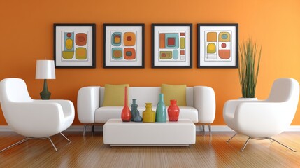 Explore the Charm of a Stylish Mid-Century Modern Living Room Design Featuring Cozy Layout and Bold Color Accents