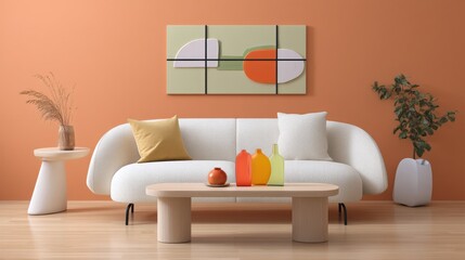 Exploring a Charming Mid Century Modern Living Space with White Boucle Sofa Against a Bold Burnt Orange Wall and Cozy Retro Decor