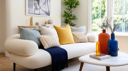 Exploring the Beauty of a White Couch in a Mid Century Modern Interior with Bold Color Accents and Cozy Layout