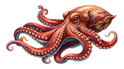 Watercolor Octopus Illustration with Detailed Tentacles and Vibrant ReddishBrown Hue