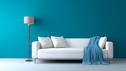 Creating a Captivating Mid Century Modern Interior with a White Couch on a Bold Blue Wall That Radiates Comfort and Elegance in Every Corner of the Room