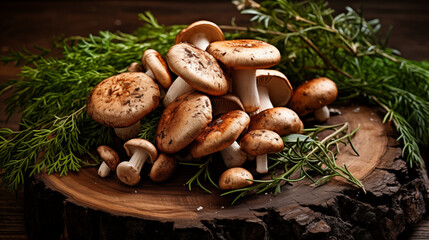 fresh mushrooms with greens on a wooden plate.