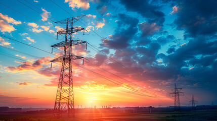 High voltage power line tower silhouetted against a striking sunset sky filled with vibrant orange and pink clouds contrasting against the deep blue evening sky.
