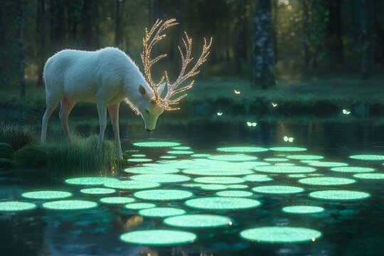 Enchanted white deer with glowing antlers by mystical forest pond at dusk