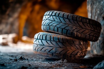 Two stacked tires on dirt surface in dimly lit environment