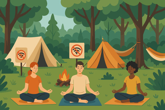 A peaceful retreat immersed in nature that emphasizes disconnection and mindfulness