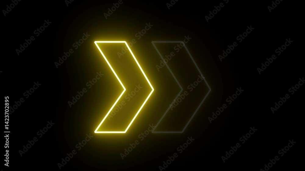 Poster glowing neon yellow arrow right direction icon. abstract neon flashing light arrow loading animation